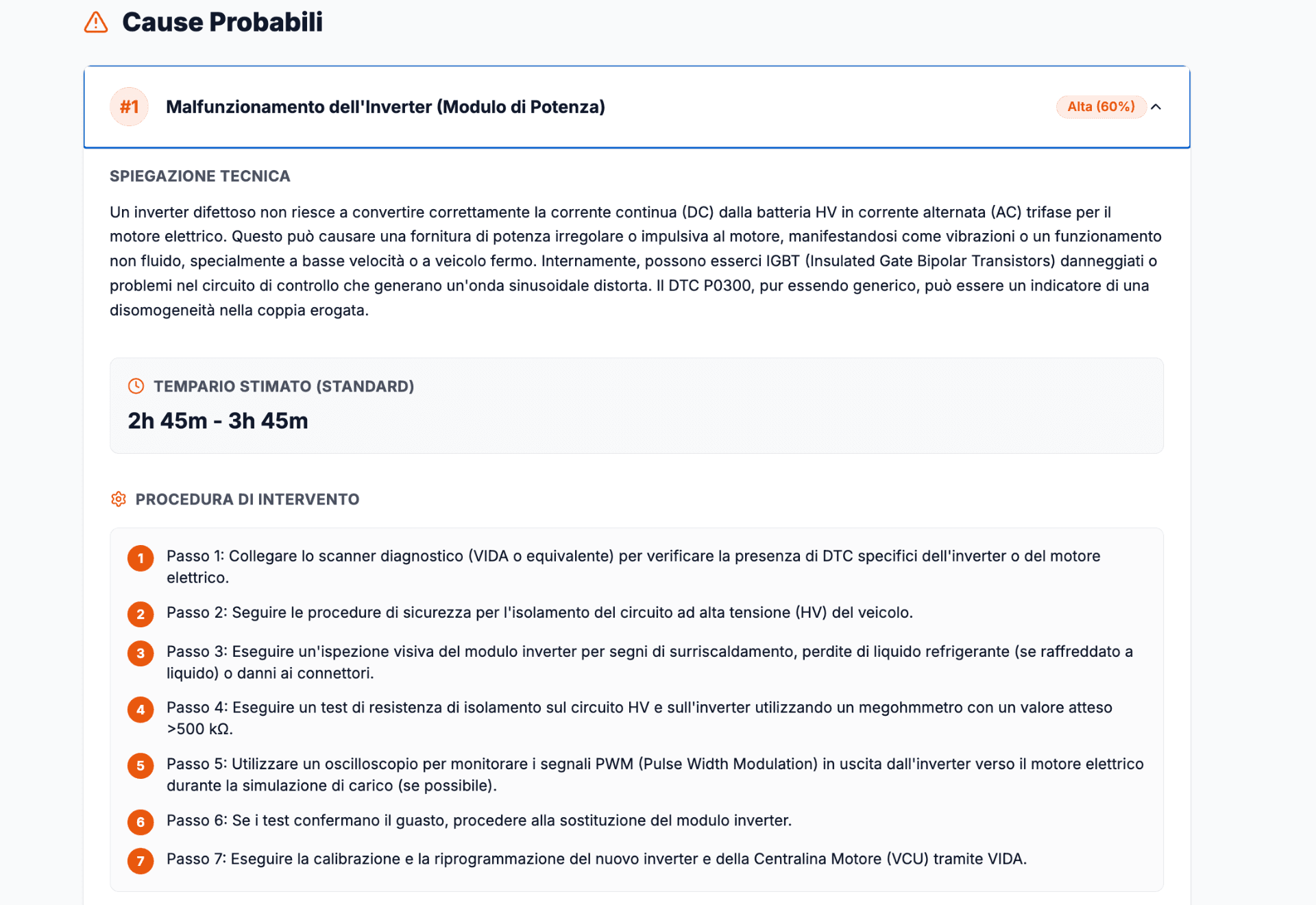 Screenshot PitPro - Diagnosi guasto intelligente con analisi AI delle cause probabili su motore auto