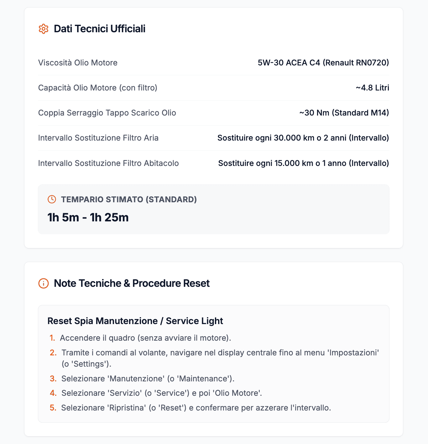 Screenshot PitPro - Scheda manutenzione tagliando con specifiche olio e fluidi per officina
